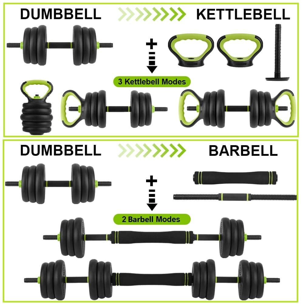 Adjustable Dumbbell Set,88Lbs Free Weight Set with Connector, 4 In1 Dumbbells Set Used As Barbell, Kettlebells, Push Up Stand,Green and Black,Round
