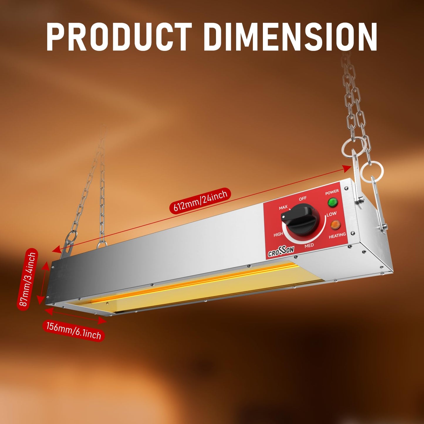 CROSSON Electric Food Heat Lamp 24 Inch Commercial Food Warmer Strip Heater with German EGO Thermostat,Dual Installation Options for Buffets & Parties,500W