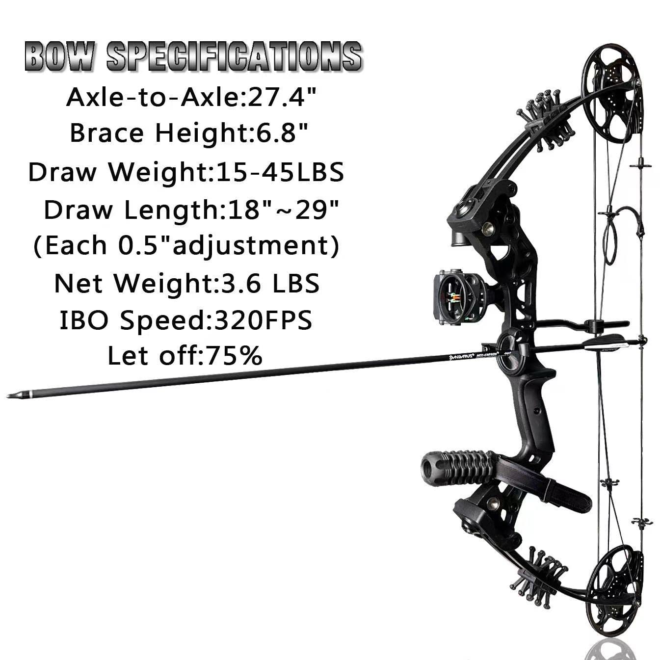 PANDARUS Compound Bow Set 15-45lbs for Pull Beginner and Teens Right Handed Adjustable 18"-29" Draw Length, 320 FPS Speed, Hunting Bow Archery Set New 2024(Black Right Handed PRO)