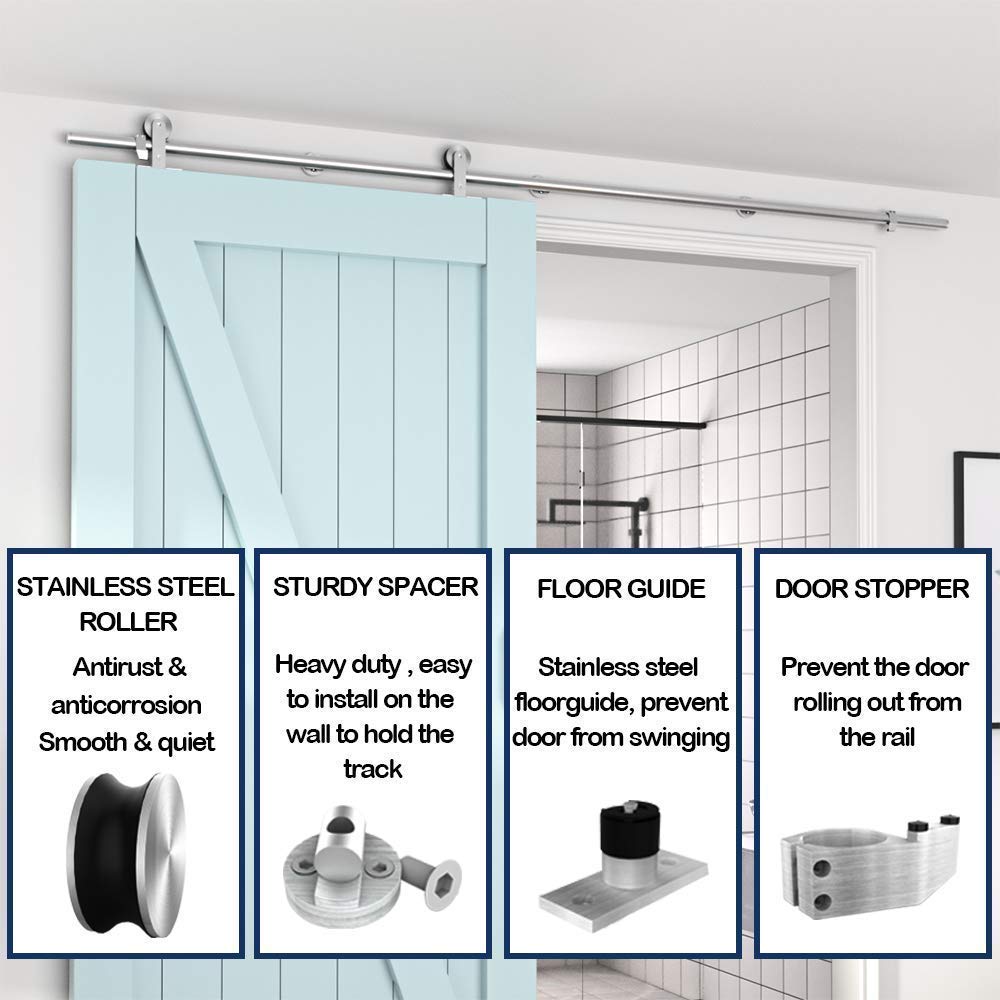 HAHAEMAIL 5FT Top Mount Stainless Steel Sliding Barn Door Hardware Track Kit, Heavy Duty, Anti-Rust, Slide Smoothly Quietly Easy Install 5FT Track Kit for 26"~30" Wide Single Door