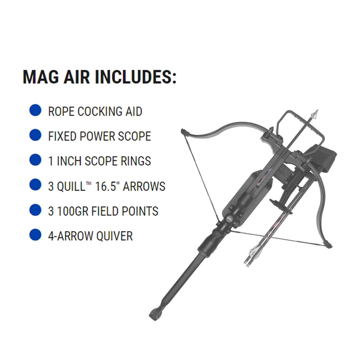 Excalibur Mag AIR Accurate Lightweight Durable Safety Versatile Hunting Archery Crossbow - 1-inch Scope Rings, 3 Quill 16.5" Arrows, 4-Arrow Quiver Included