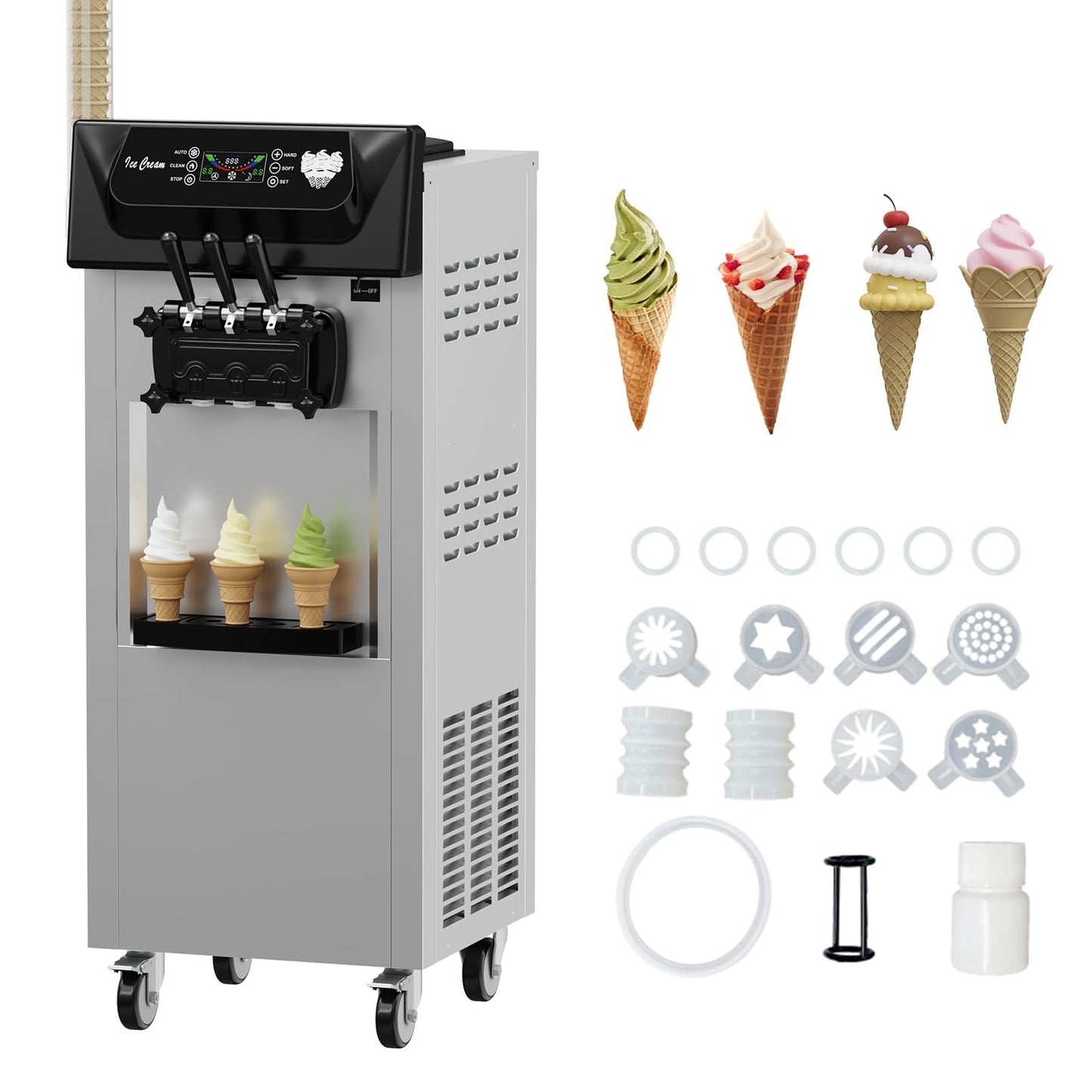 Commercial Ice Cream Machine 1+2 Flavor 2200W, 5.8-8 Gal/Hr Yield Vertical Soft Serve Ice Cream Machine With 2x7L Hopper 3 Dispensers, Auto Clean, LCD Display, for Restaurant Snack Bars Commerical Use