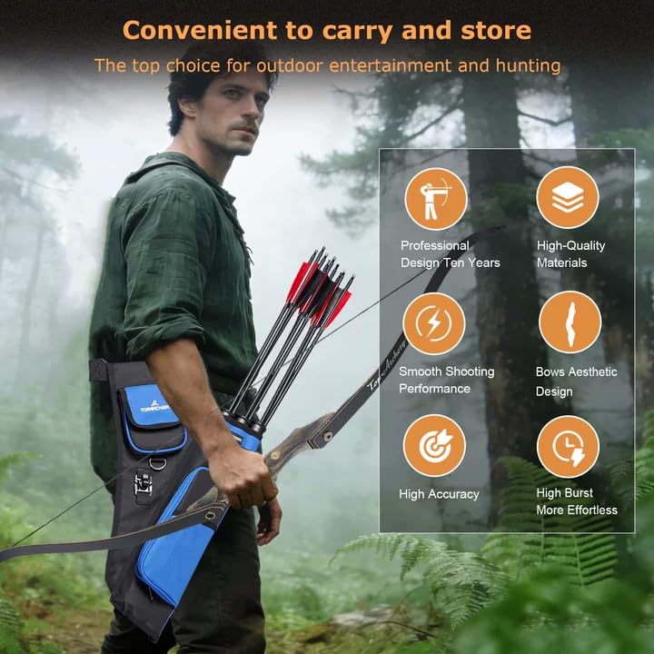 TOPARCHERY 60'' Archery Recurve Bow Takedown Bow Hunting Bow and Arrow Set Adult Target Practice Competition Survival Longbow Right Hand 30-50lbs with 6pcs Fiberglass Arrows (50lbs)
