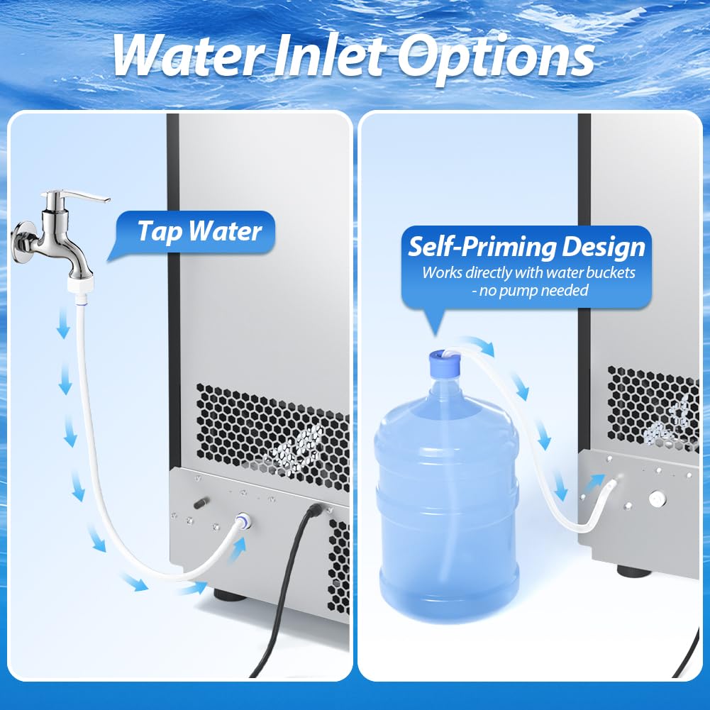 Commercial Ice Maker, 100LBS/24H Undercounter/Freestanding Ice Machine with Self-Priming Gallon Water& Facuet Water Inlet, Self-Cleaning, 3 Ice Thickness,16LBs Storage Bin for Home, Office,Garage