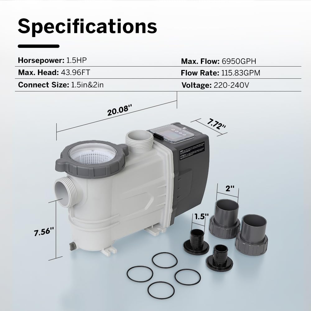BlueBay 1.5HP Energy Star Certified Water-Cooled Variable Speed Pool Pump with LED Display, 230V/60Hz, Energy Efficient for Inground & Above Ground Pools