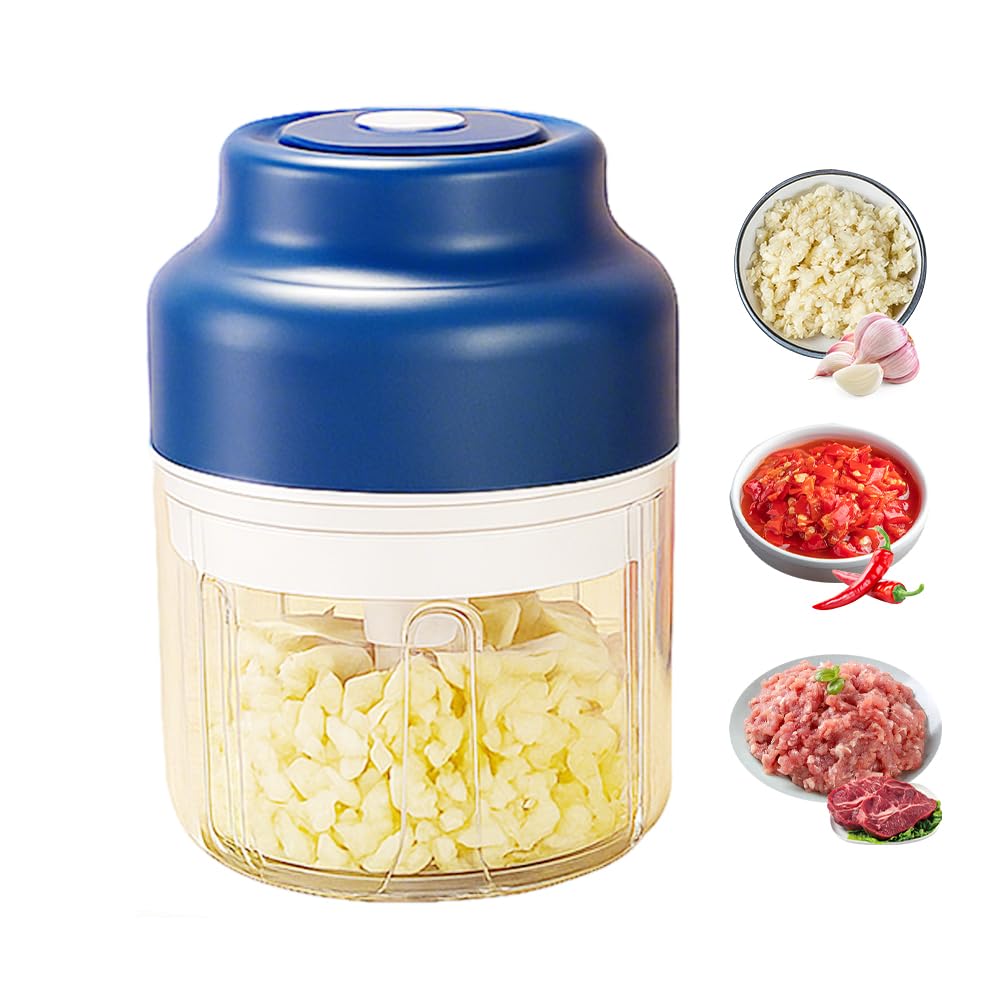 Electric Mini Garlic Chopper Set, 2025 New Small Garlic Chopper Mincer, Electric Food Chopper Tool, USB Rechargeable, Wireless Veggie Grinder, for Mashing Onion, Garlic, Chili, Ginger (Blue, 250ml)