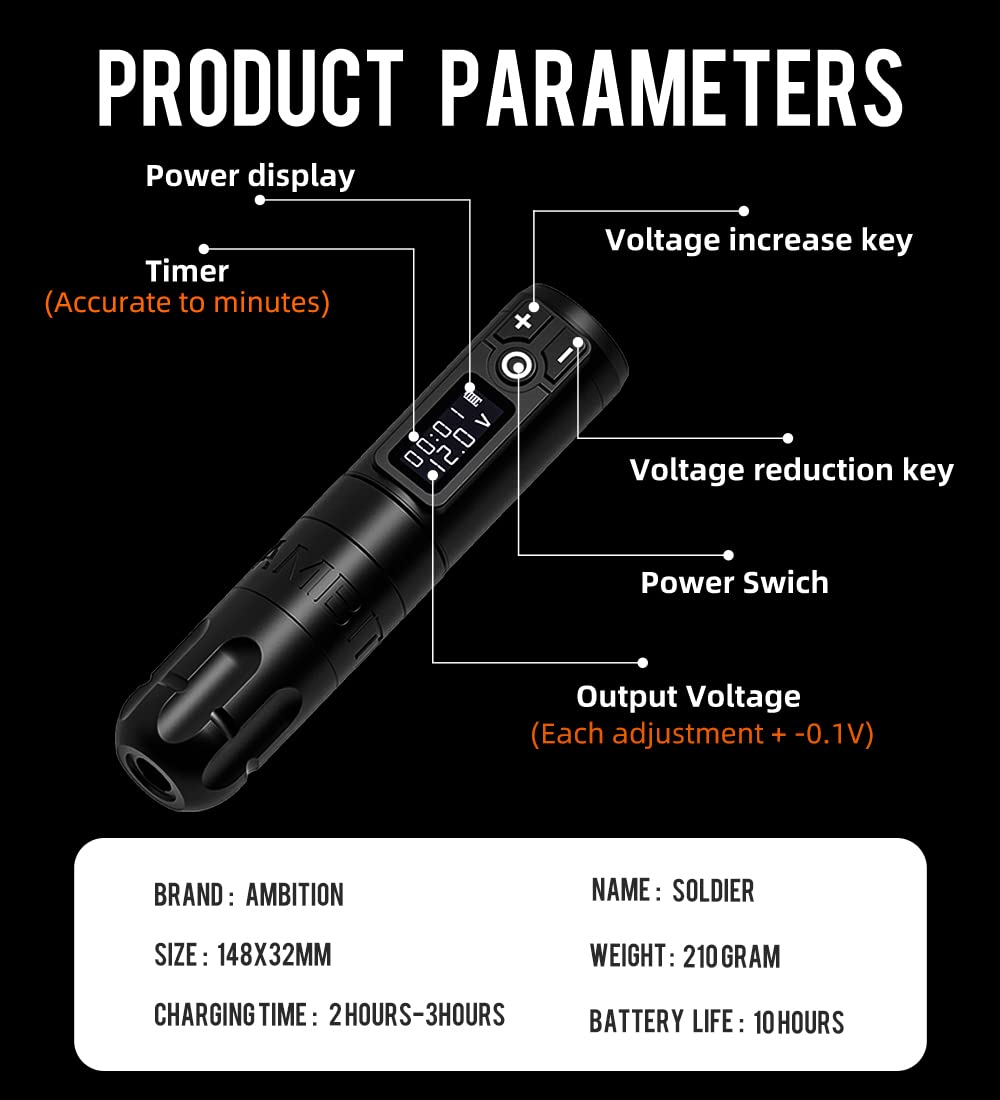 Ambition Soldier Wireless Tattoo Machine Kit Complete Rotary Coreless Motor Tattoo Pen Kit with Extra 2400mAh Battery 80pcs Premium Mixed Size Cartridge Needles Supply for Professional Tattoo Artist