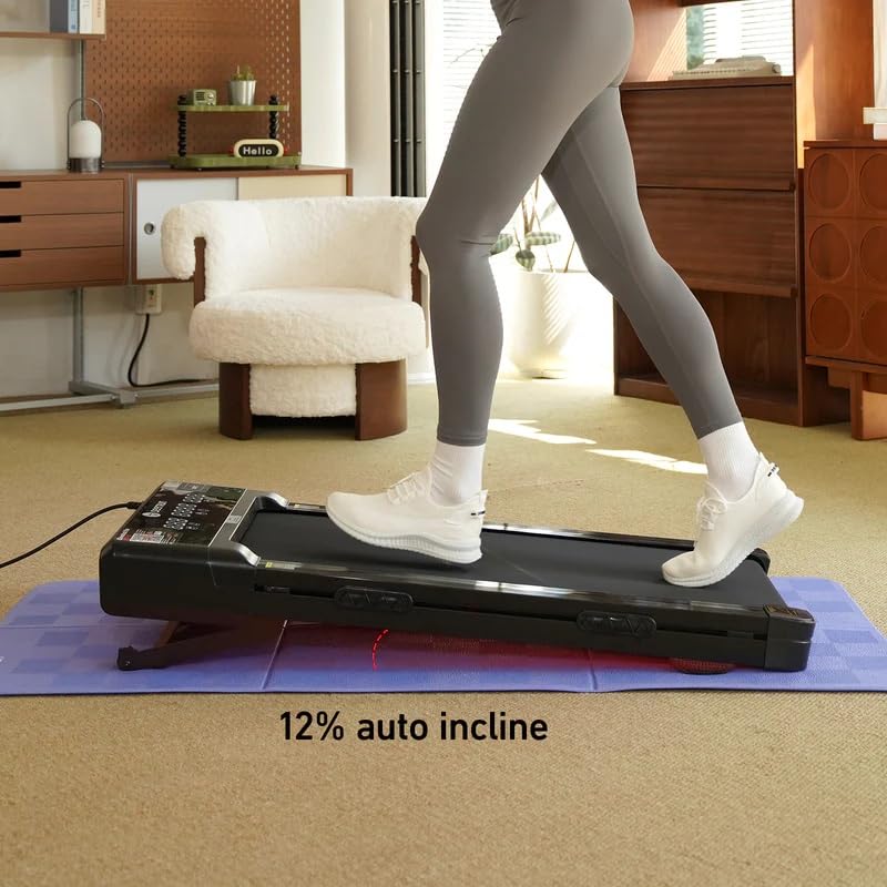 DeerRun Walking Pad Treadmill with Incline, 12% Auto Incline Under Desk Treadmill, 3.0 HP, 300 lb Capacity, Portable Treadmill for Home Office, Remote & App Control