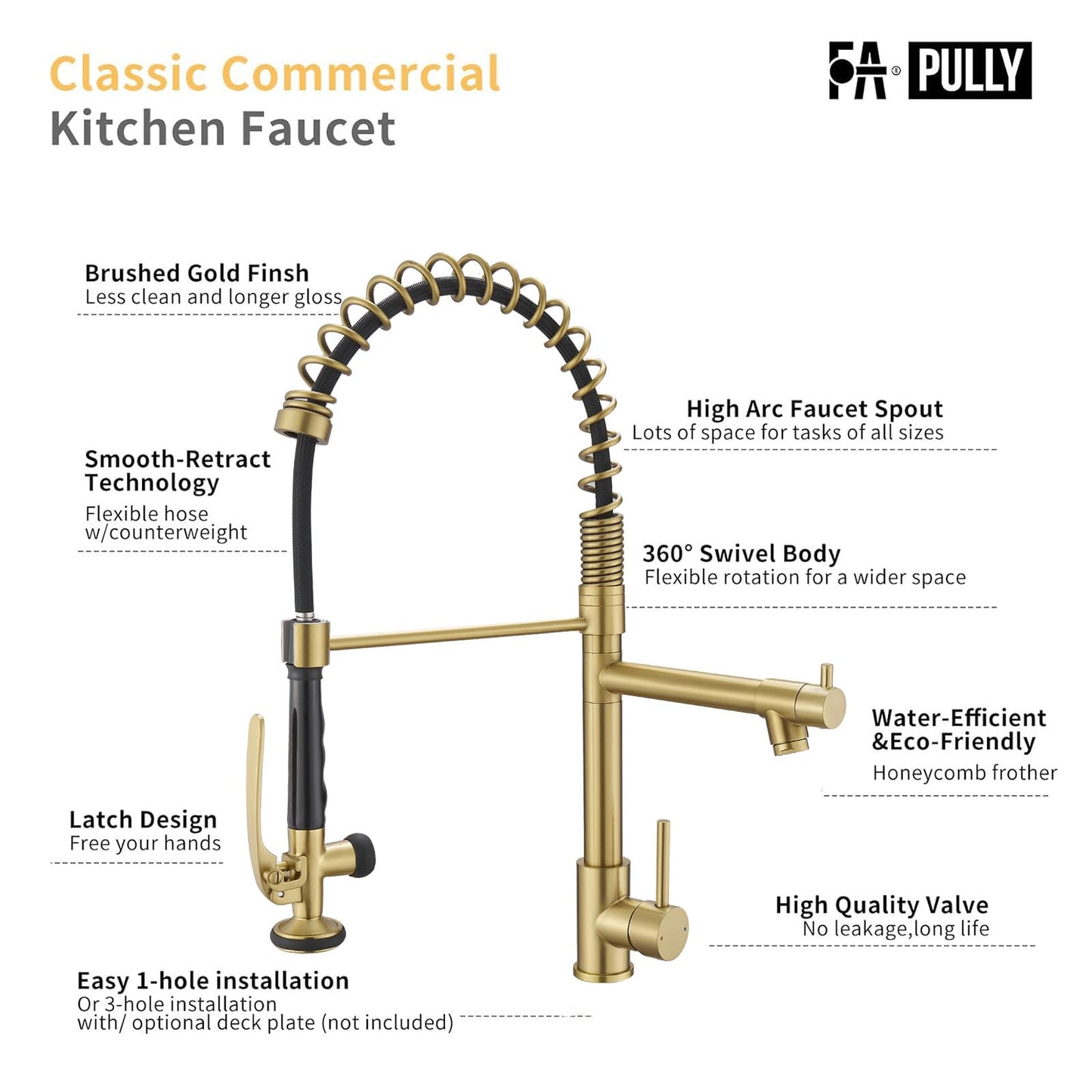 Brushed Gold Kitchen Faucet with Pull Down Sprayer, Commercial Brass Kitchen Faucet Single Handle Spring Faucets for Kitchen Sink Fapully