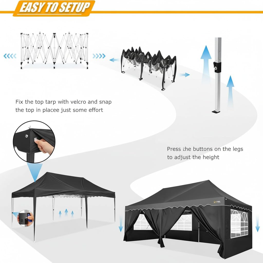 COBIZI Carport 10x20 Portable Garage, 2.0 Powder Coated Frame, Pop Up Canopy with 6 Sidewalls, Waterproof Shelter with Removable Sidewalls & Windows, Built-in Sandbags, for Car/Boat/SUV, Black