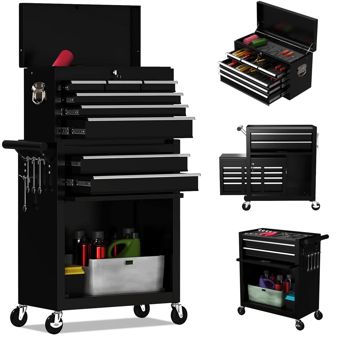 DUSACOM 8-Drawer High Capacity Rolling Tool Chest, Removable Cabinet Storage Tool Box with Wheels and Drawers, Detachable Toolbox with Lock for Workshop Mechanics Garage (Black)