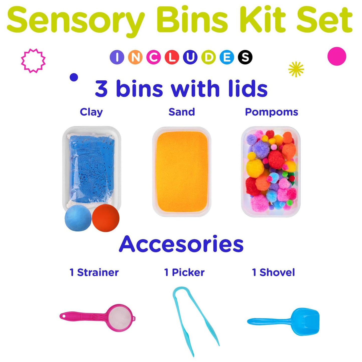 LOLO TOYS Sensory Kit for Toddlers and Kids - Includes 3 Bins with Lids, Play Tools, Sand, Feathers, Clay, Color Beads and Pom Poms Kids Box Fillers (Starter Set)