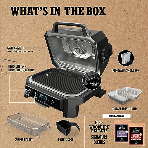 Ninja | Grill & Smoker | Outdoor Woodfire Pro XL | 4 in 1 Grill, BBQ Smoker, Air Fryer & Bake | Portable | Includes Built in Thermometer & 2 Woodfire Pellet Packs | Dark Grey | OG850