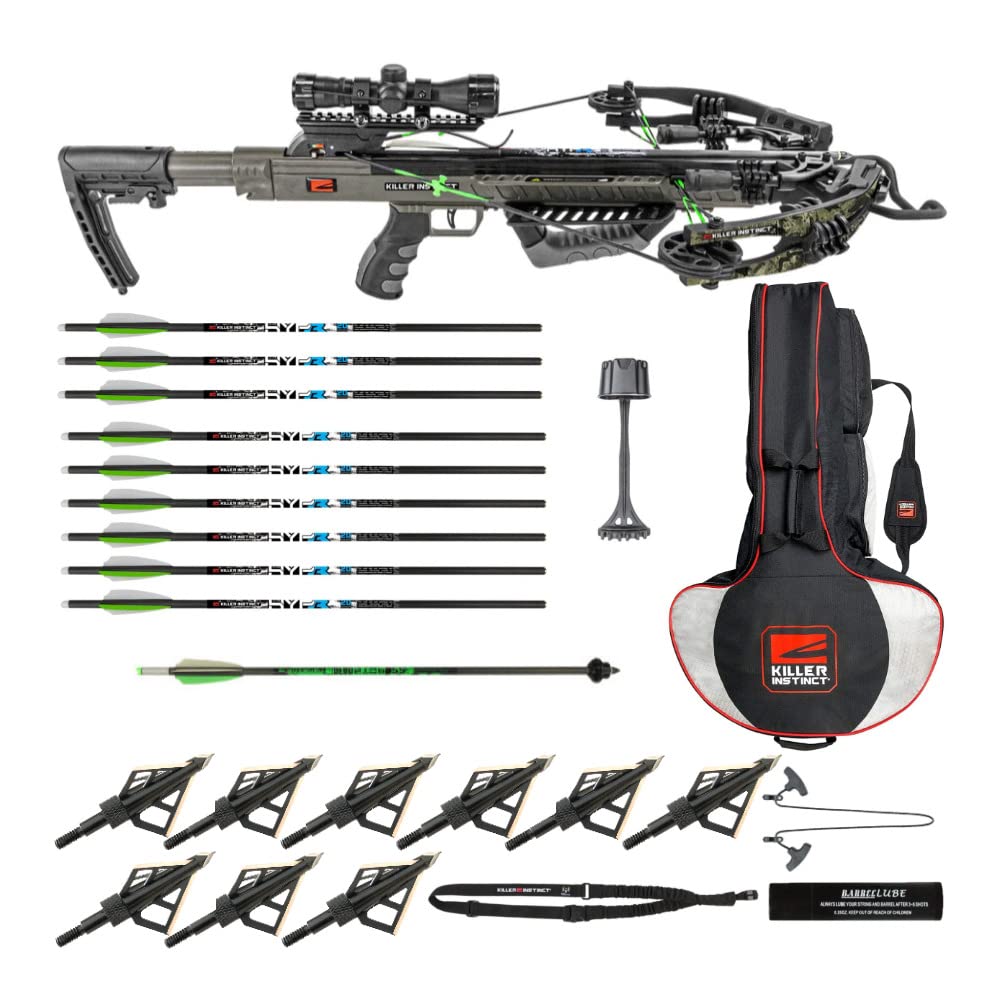 Killer Instinct Boss 405 FPS Deluxe Crossbow Package Bundle with Crossbow Carrying Case, 9-Pack of Crossbow Bolts and Broadheads, Decocking Bolt, Sling and Accessories (7 Items)