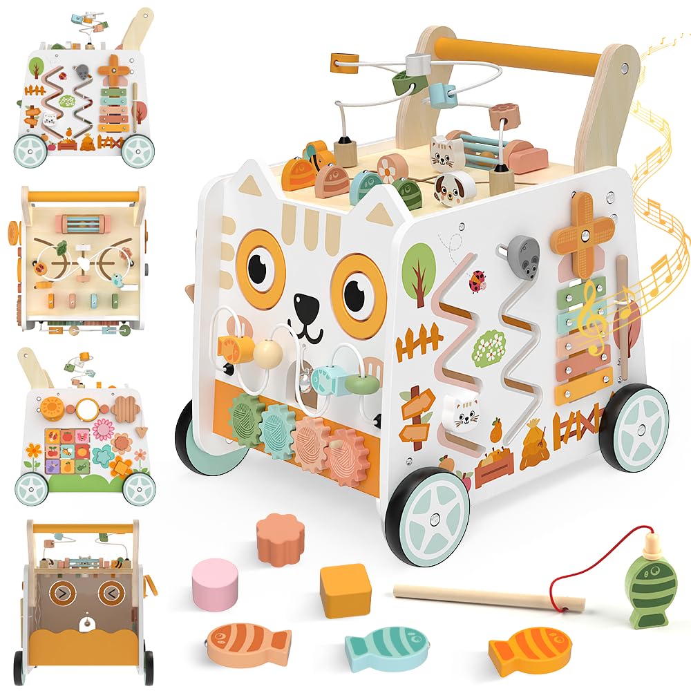 Wooden Baby Walker, Baby Push Walker with Wheels, 16-in-1 Montessori Activity Center Bead Maze Shape Sorter Xylophone, Height Adjustable Walking Toy 12+ Months, 1 Year Old Birthday Gifts Boys Girls