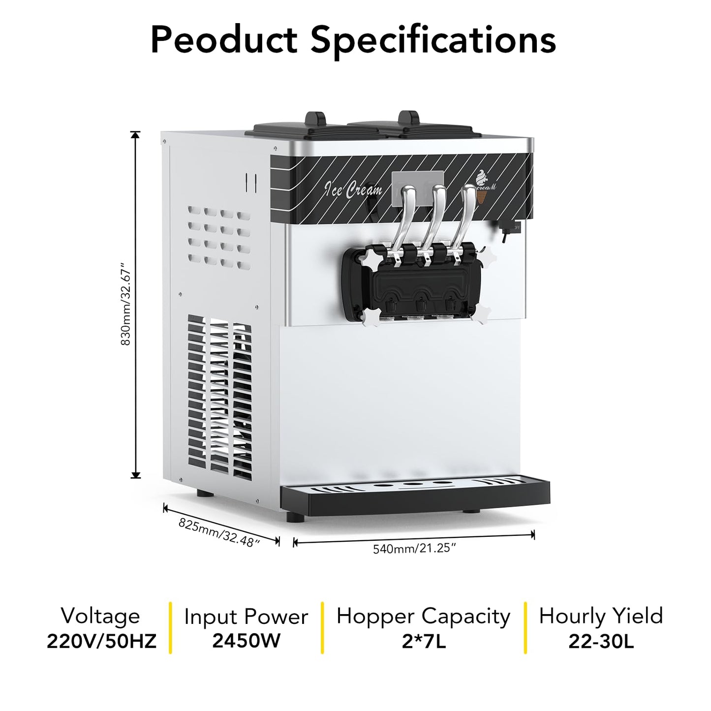 Commercial Ice Cream Maker, 5.8-7.9Gal/Hour Commercial Soft Ice Cream Machine, 2 X 7L Rangers, LED Display Design,with Auto Clean Function, 3 Flavors for Restaurants, Cream Shops