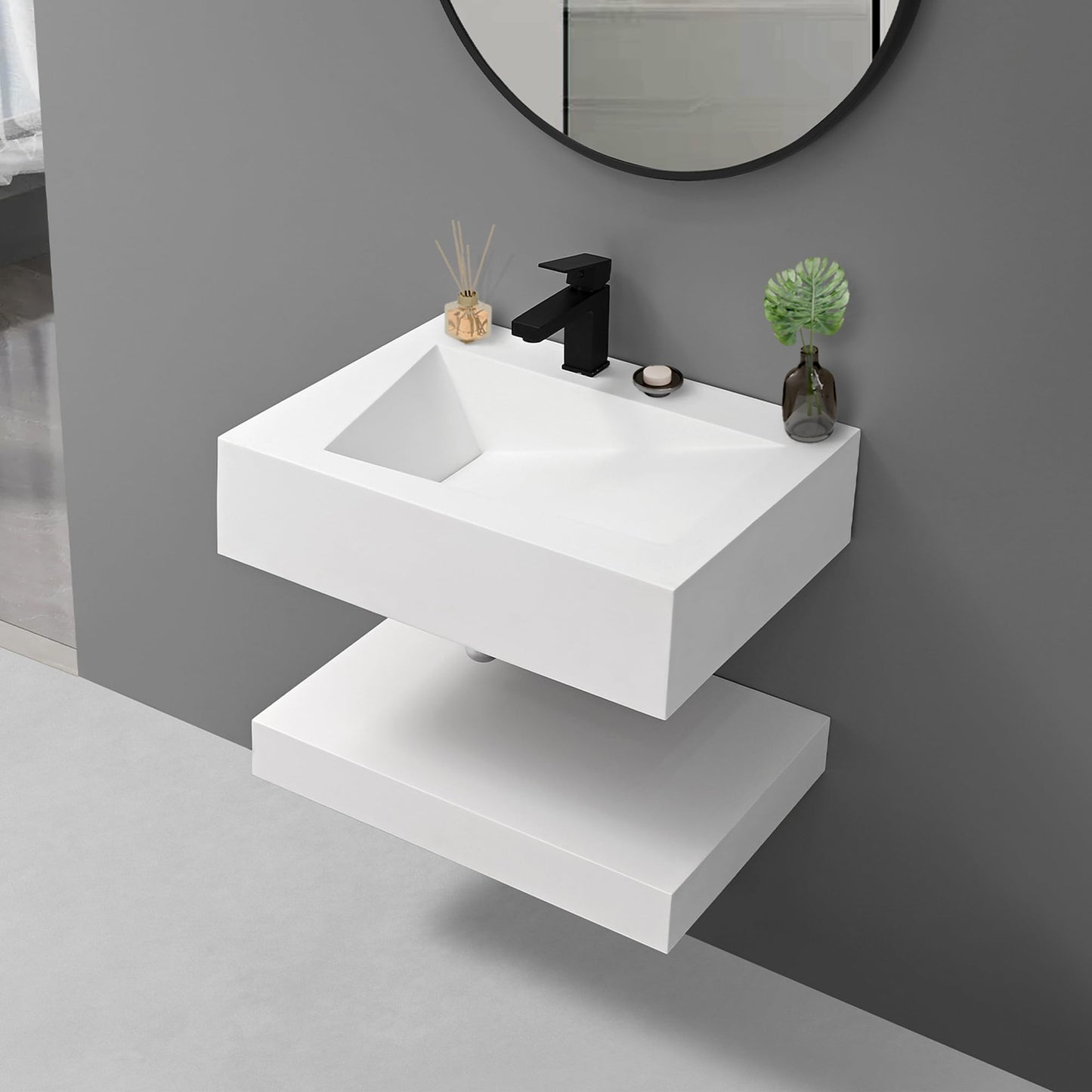 QJ&XY Resin Bathroom Sink 24" Wall Mounted V-Shaped White Basin Floating Vanity Vessel Sink in Soft-Touch Finish (Double Tier)