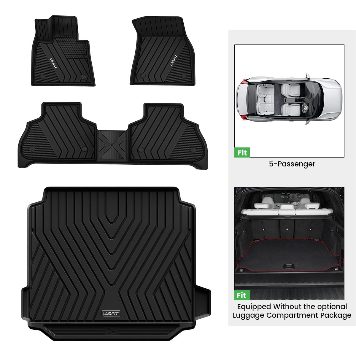 LASFIT Floor Mats&Trunk Mat Fit for BMW X5 2019-2024 2025 2026 40i/45e/50e/50i/M/M50i/M60i, All Weather TPE Custom Fit 1st&2nd Row Full Set Car Mats & Cargo Liner(Only for 5 Passengers), Black