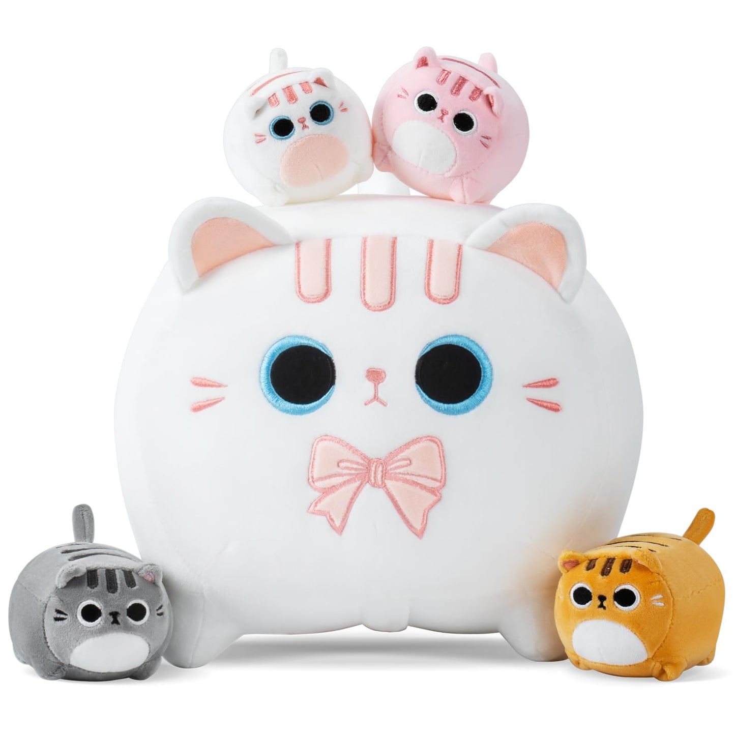 White Cat Plush, 5 PCS Cat Plush Stuffed Animal Family, 16" White Cat Mommy Plushie with 4 Baby Kittens Cat Plushies for Kids, Kawaii Cat Plush Toy Christmas Birthday Gifts for Kids Boys Girls