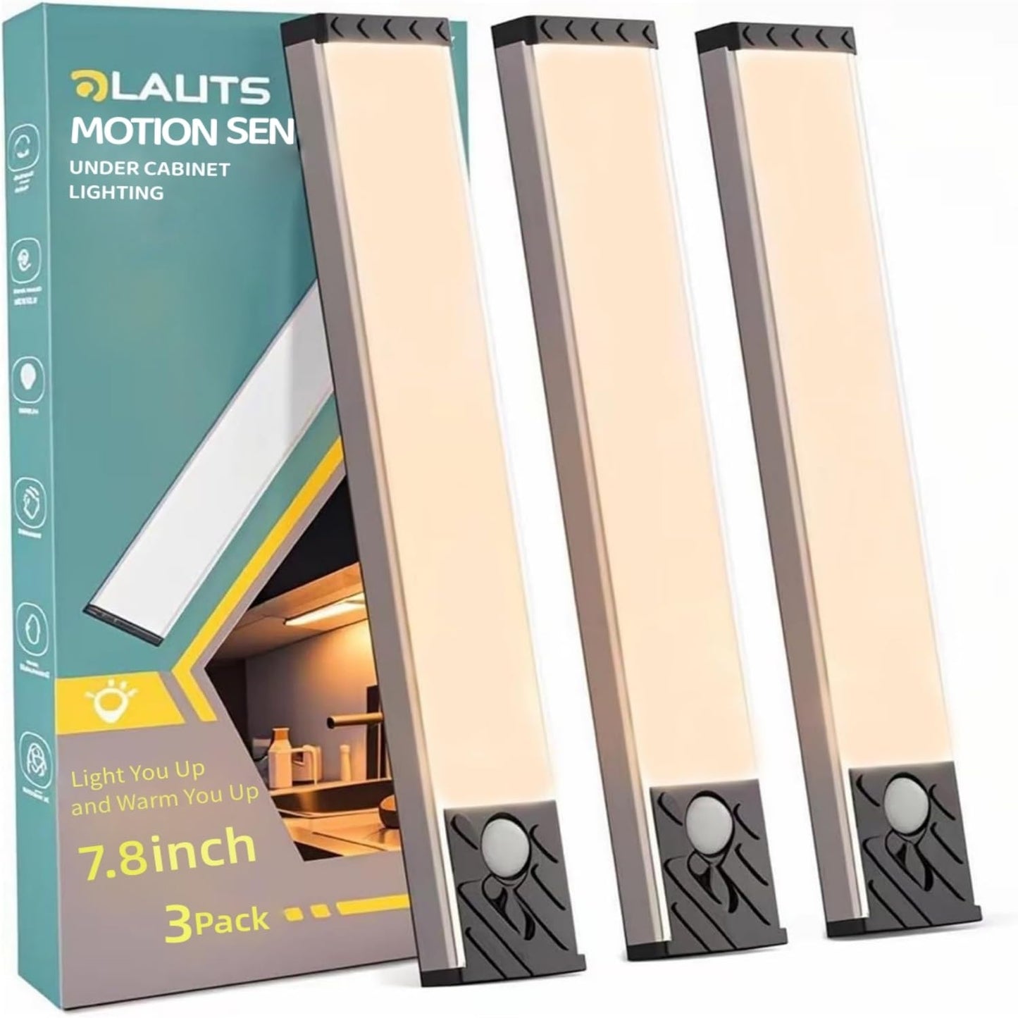 Under Cabinet Lighting, Equipped with Motion Sensor, Rechargeable Battery Operated，3-Level Adjustable Brightness, 3 Pack Magnetic Under Counter Lights for Kitchen, Closet, Pantry, 7.8"