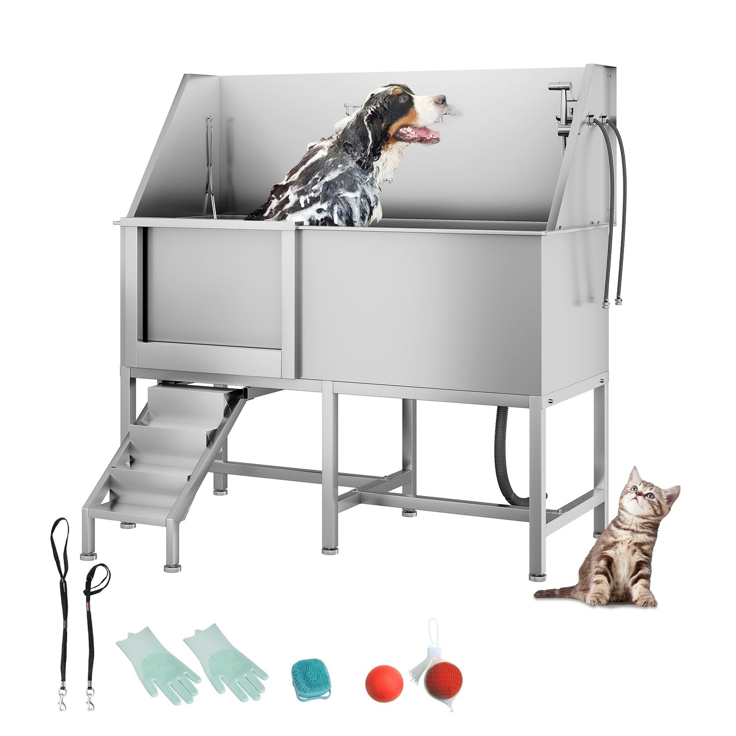 62" Professional Stainless Steel Dog Bathing Station, Large Dog Washing Station W/Dog Bath Brush, Washing Gloves, Floor Grate, Dog and Cat Bath Tub, Dog Washing Sink (62 Inch Left Door)