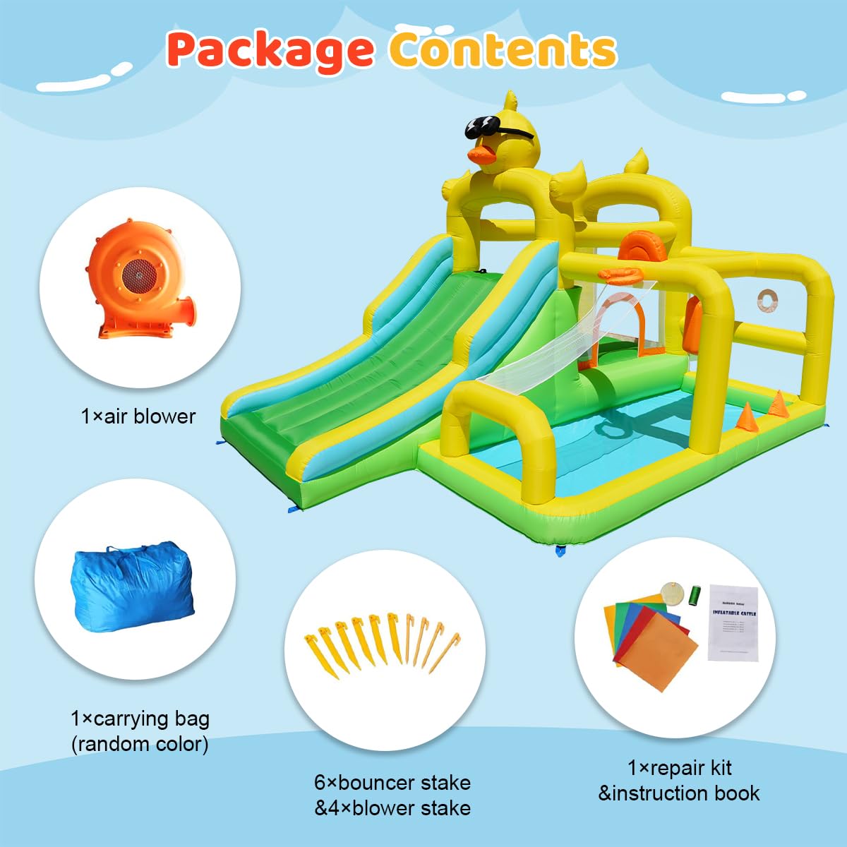 Baralir Duck-Themed Inflatable Bounce House with Extra Wide Slide & Climbing Wall, Basketball Hoop, Ring Toss, Punching Bag, 2-in-1 Splash Pool/Ball Pit - Indoor/Outdoor Jumping Castle for Toddlers