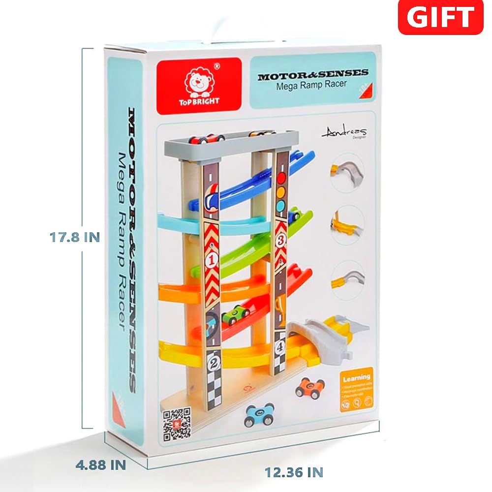 TOP BRIGHT Wooden Car Ramp Race Track Toy for Toddlers 1-4 Years, Montessori Educational Learning Toy for 2 Year Old Boys Girls Gifts with 6 Mini Cars