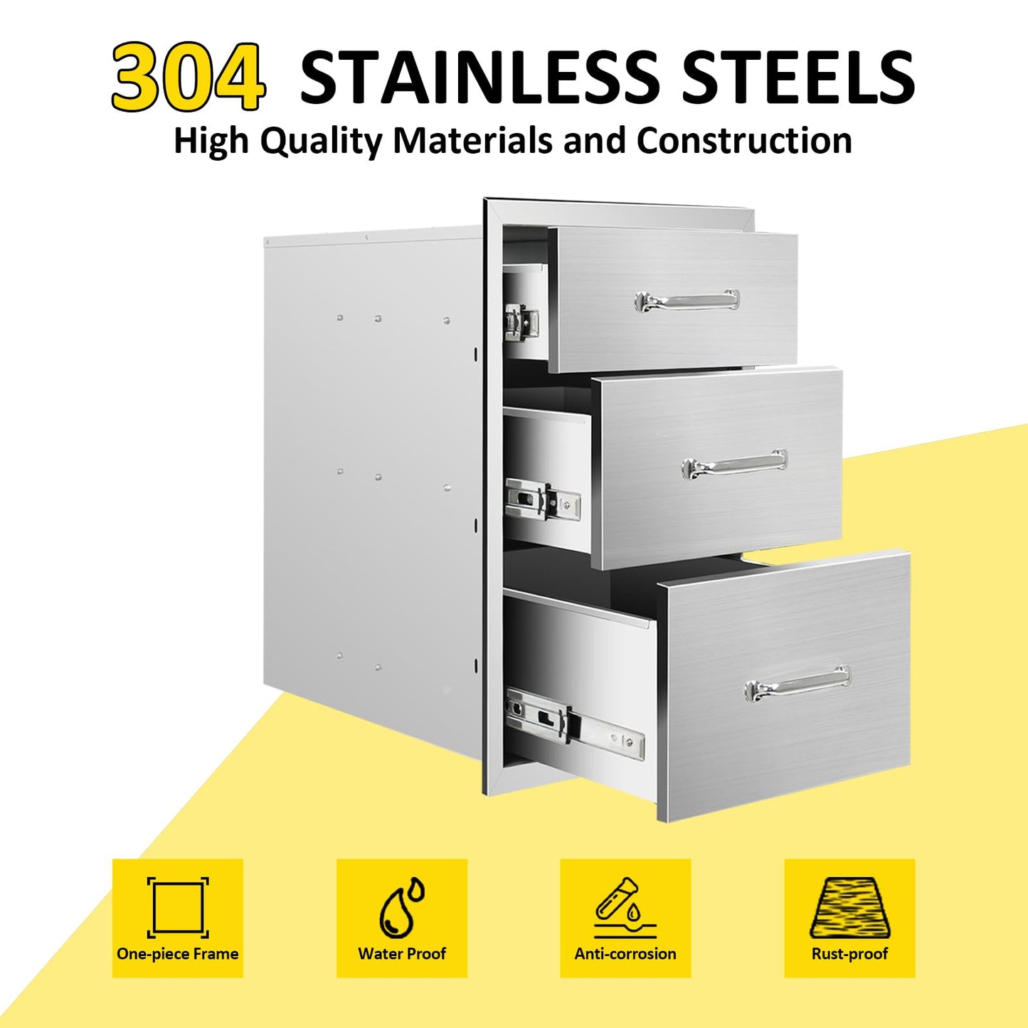 SGOLAN Outdoor Kitchen Drawers 14" W x 21" H x 23" D Flush Mount Triple BBQ Drawers with Chrome Handle Stainless Steel Drawer for Outdoor Kitchen Island, Patio Grill Station