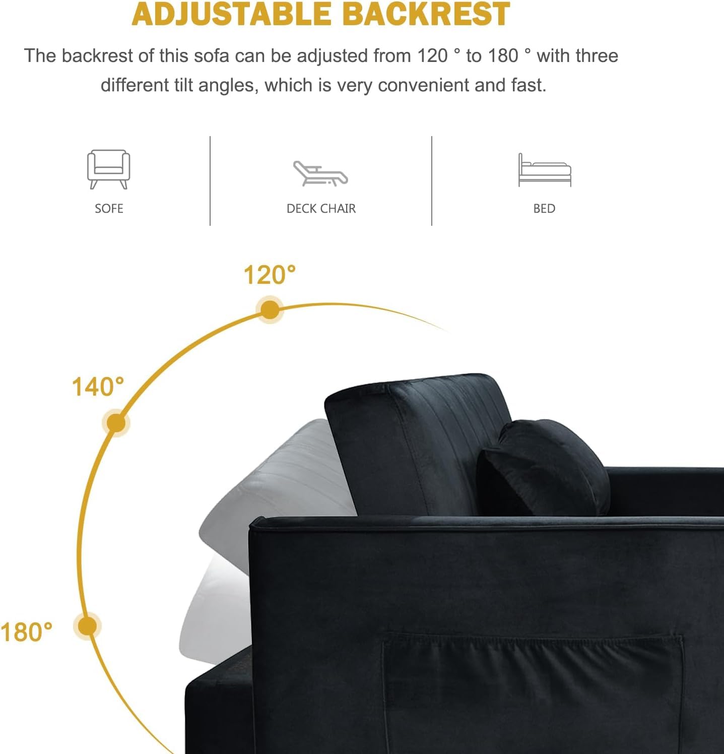 Trygoal 3 in 1 Convertible Sofa Bed, Pull Out Couch with Side Pockets, Velvet Fabric Loveseat Sleeper Sofa Bed, Pull Out Couch with Adjustable Backrest for Living Room, Bedroom, Apartment, Black