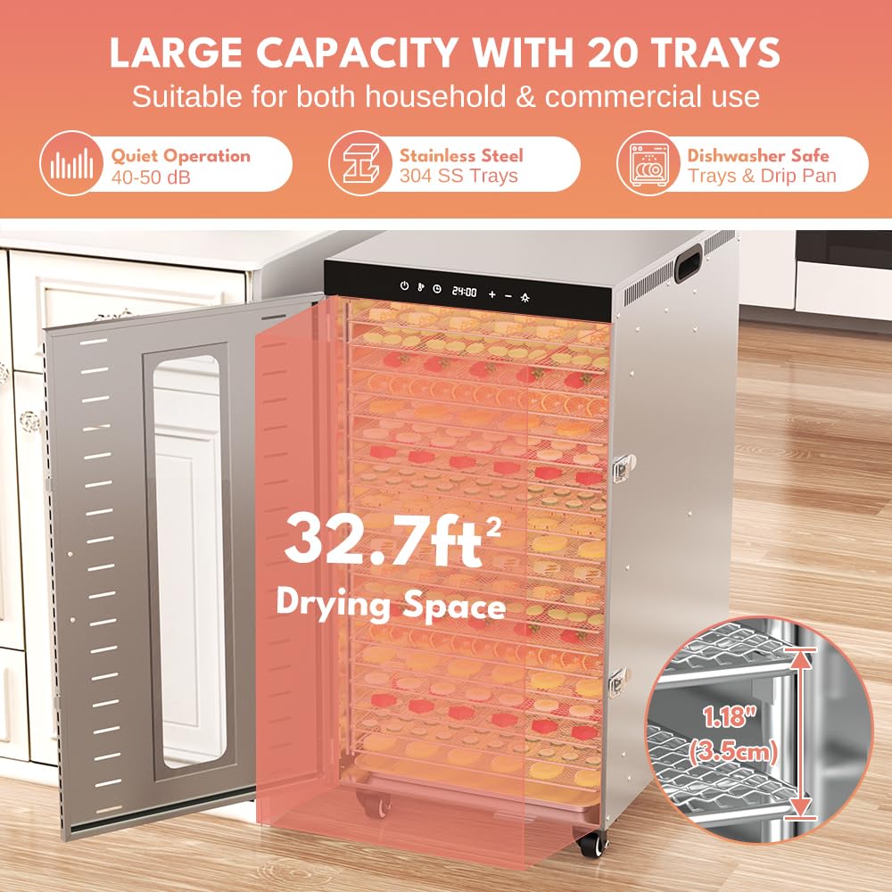 BriSunshine 20-Tray Commercial Food Dehydrator Machine, 24H Timer, 1600W Large Stainless Steel Dehydrators Dryer for Meat Jerky, Dog Treats, Fruits