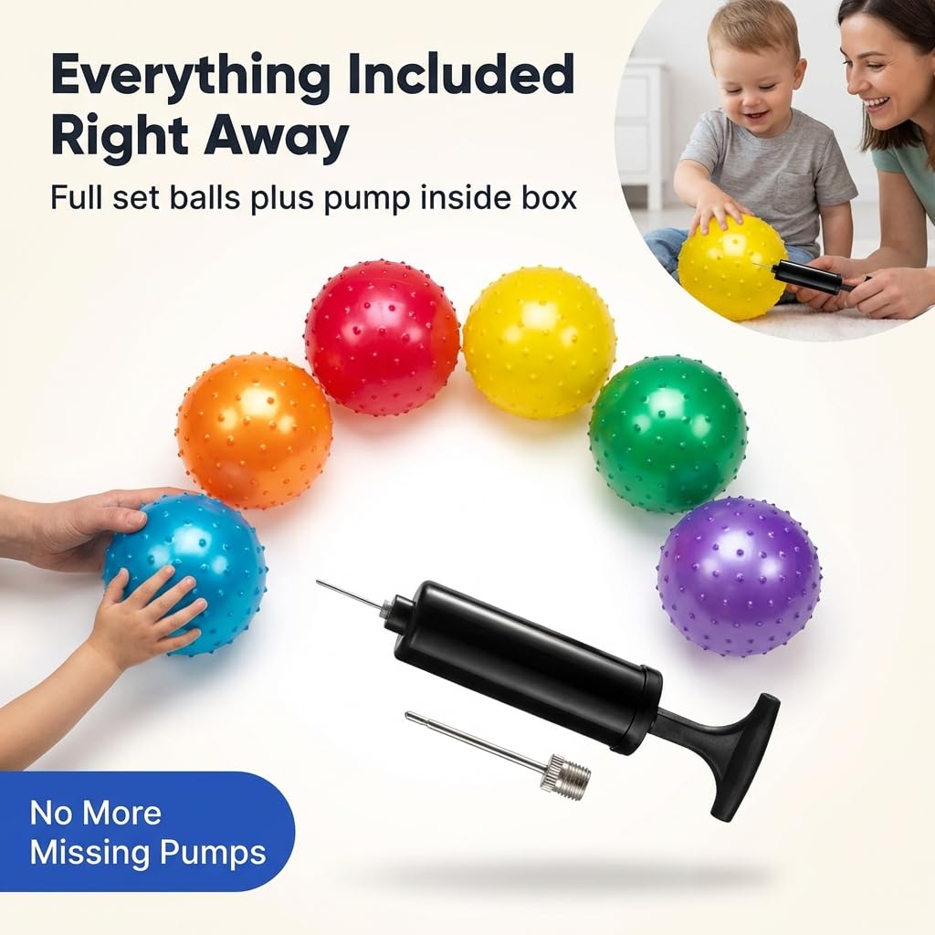 Bedwina Knobby Balls - (Pack of 6) Bulk 7 Inch Sensory and Spiky Massage Stress Balls for Toddlers, with Pump, Fun & Bouncy for Toddler, Kids Party Favors, Stocking Stuffers