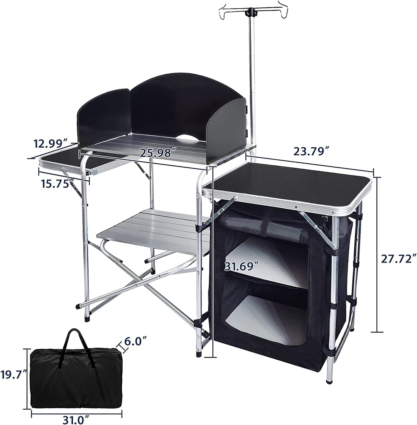 CAMP SOLUTIONS Folding Cooking Table Outdoor Portable Cook Station Aluminum Camping Kitchen with Storage Organizer, Windscreen, Hooks for BBQ, Party (Black)