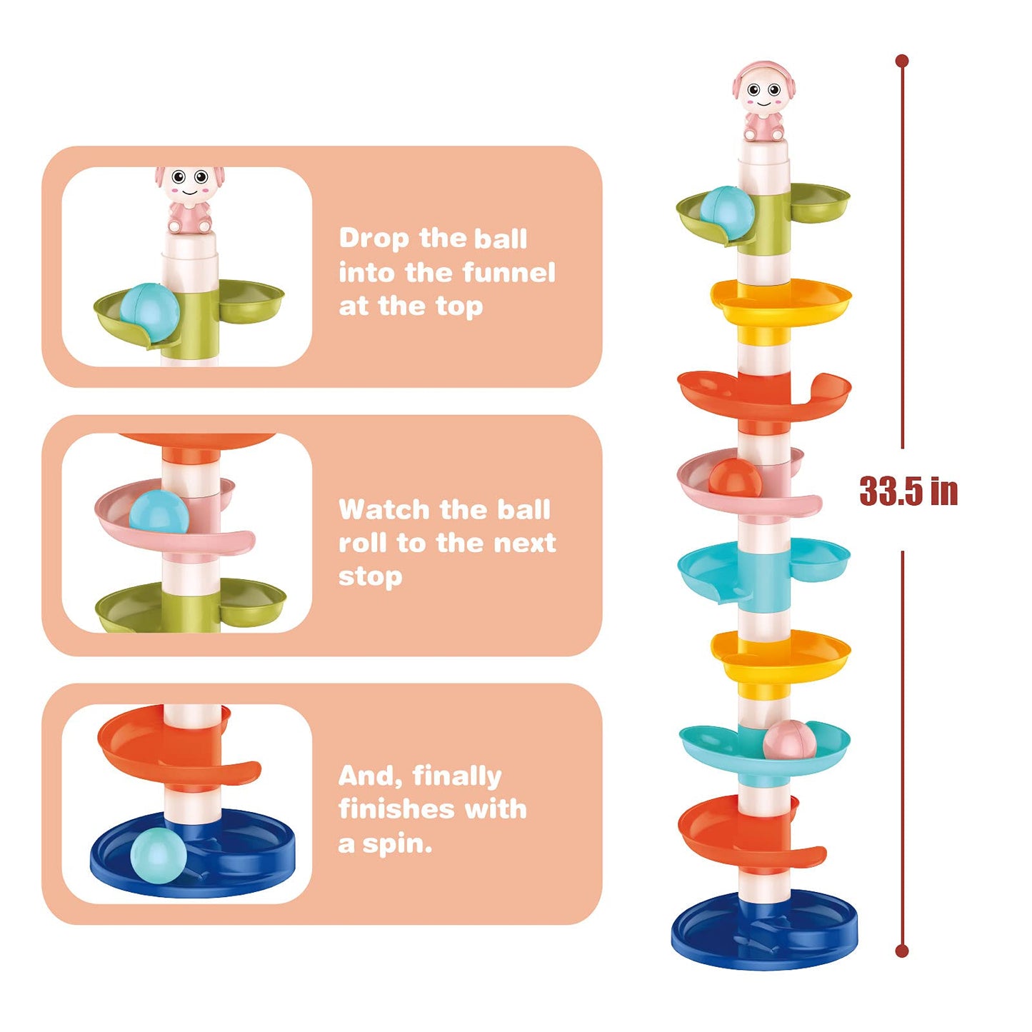 FUN LITTLE TOYS Ball Drop Toys for Toddler 1-3, 9 Layer Roll Swirling Ball Tower with 3 Balls, Ball Run Ramp for Baby Learning Development Educational Activities Toy Birthday Gift