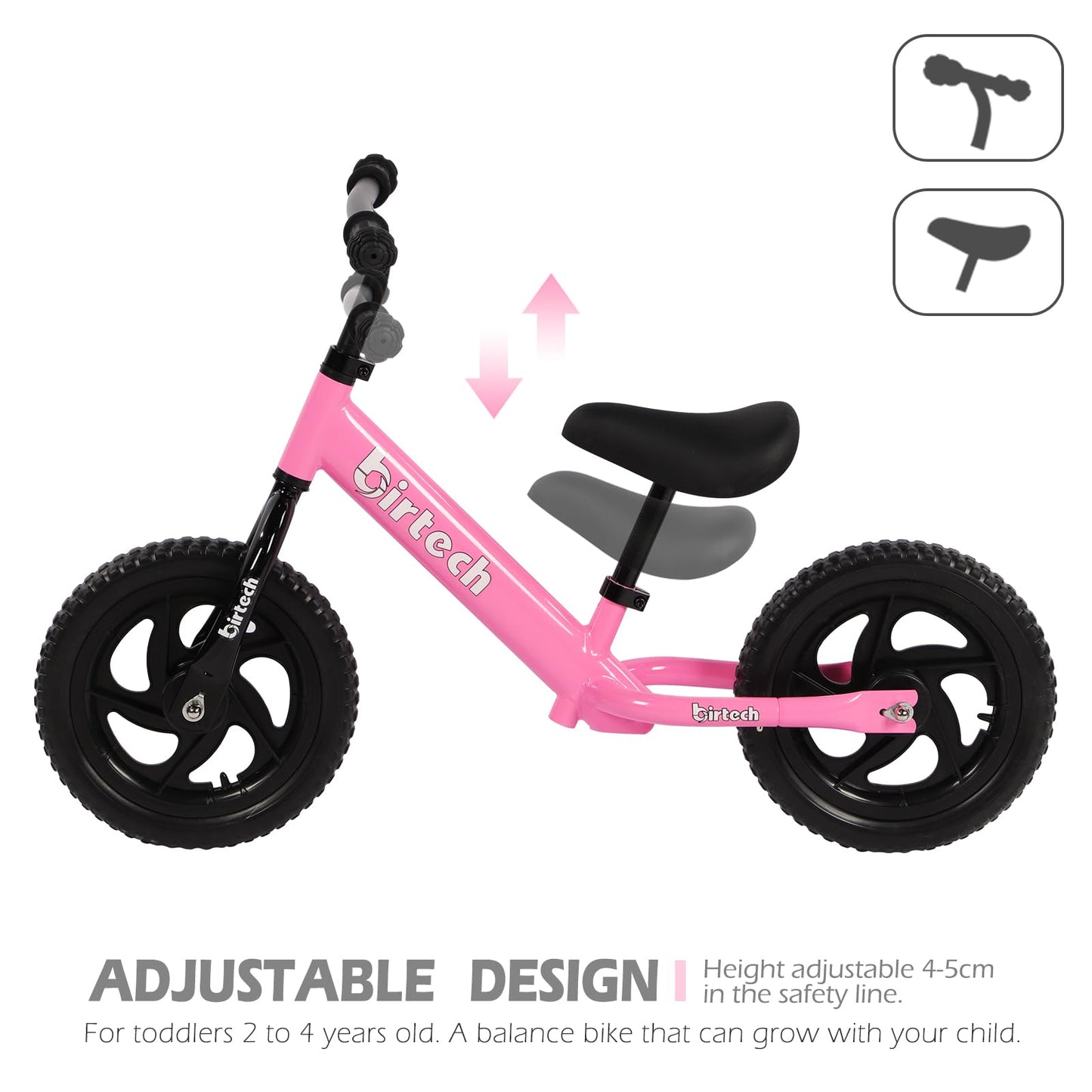 Birtech 12 Inch Toddler Balance Bike for Kids 2-6 Years Old, Adjustable Seat Height, Indoor Outdoor Toy Bicycle With No Pedals, Pink