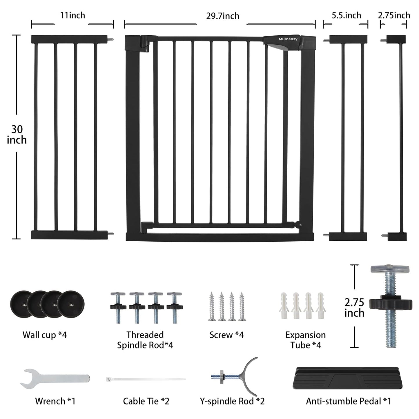 Mumeasy Baby Gate Extra Wide, 29.5-51'' Pressure Mounted Dog Gate with Walk Thru Door, Auto Close Pet Gate for House, Stairs, Doorways,Black