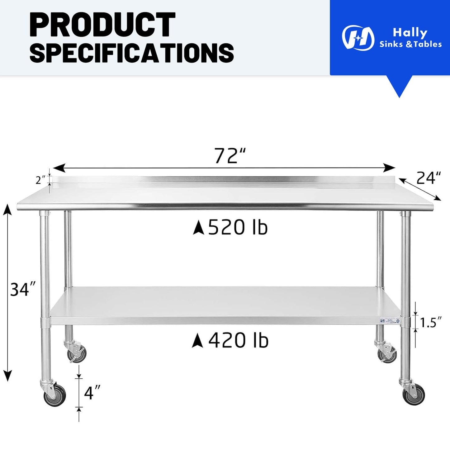 HALLY SINKS & TABLES H Stainless Steel Table for Prep & Work 24 x 72 Inches with Caster Wheels, NSF Commercial Heavy Duty Table with Undershelf and Backsplash for Restaurant, Home and Hotel