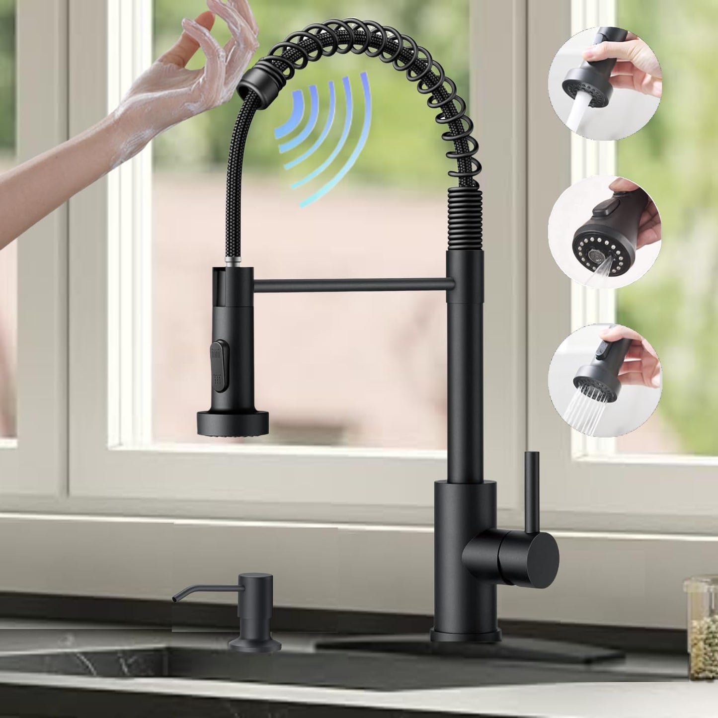 VIDEC Touch On Kitchen Faucet, 3 Modes Pull Down Sprayer, Touch On Sensor Activated, Ceramic Valve, 360-Degree Rotation, 1 or 3 Hole Deck Plate. 10-Year Warranty.(Matte Black,KW-62R)