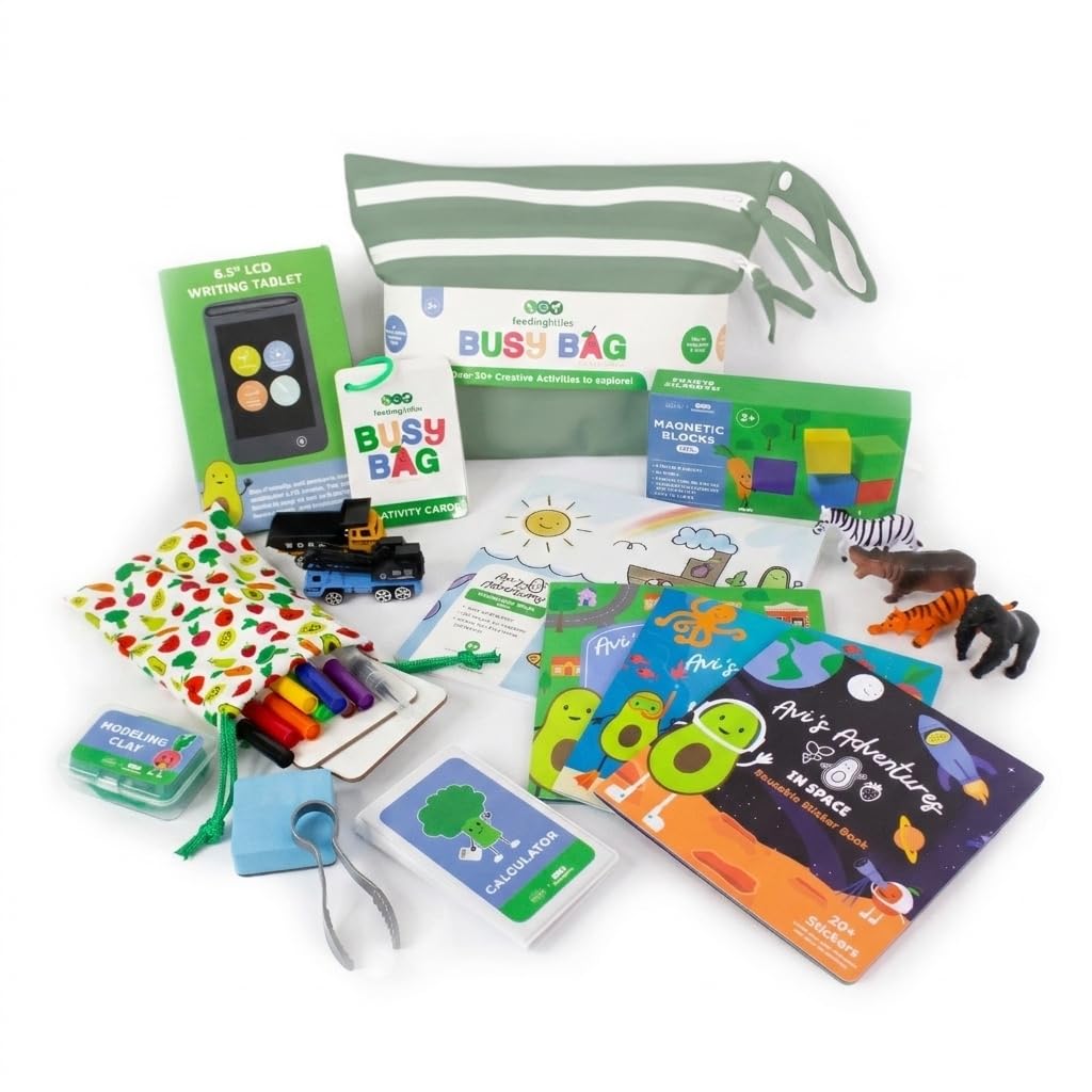 BapronBaby Feeding Littles Busy Bag (Sage) - Toddler Travel Activity Kit with Bonus Stickerbooks, Restaurant Activity Kit for Independent and Family-Wide Play, Age 3+