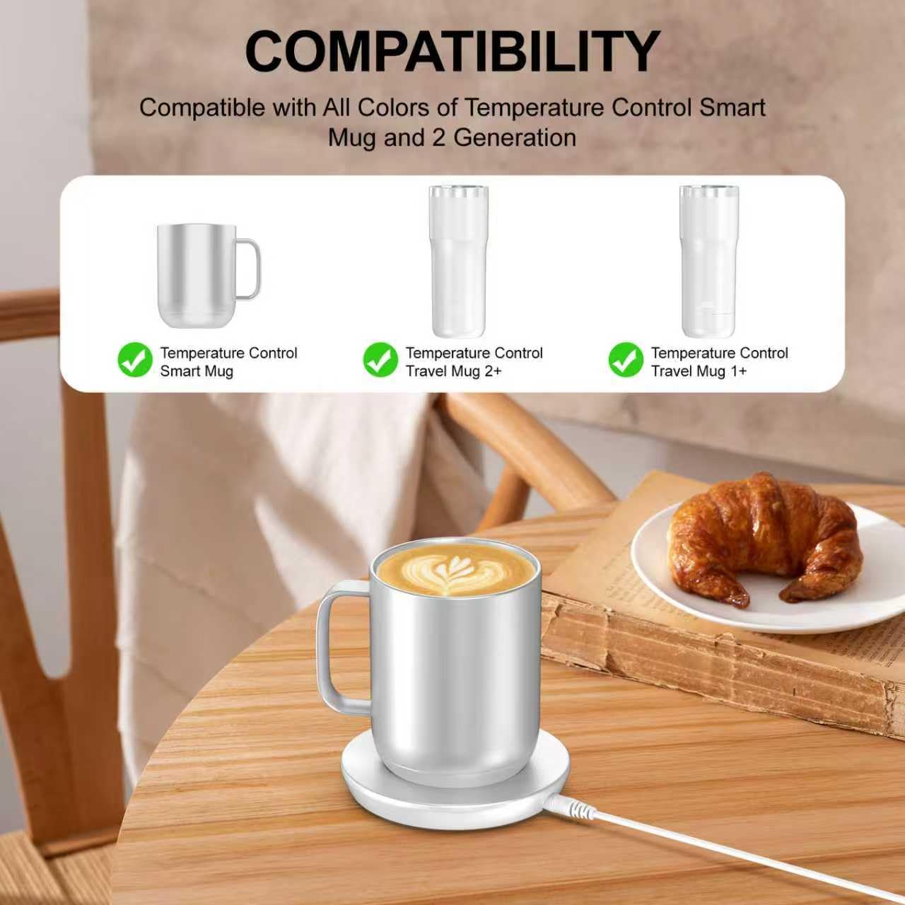 Underhub Charging Coaster 2 Compatible with Embo Temperature Control Smart Mug 2 and 1 - Mug Power Cord - Charger Dock Base for Wireless Warmer Cup Accessories (Silver White)