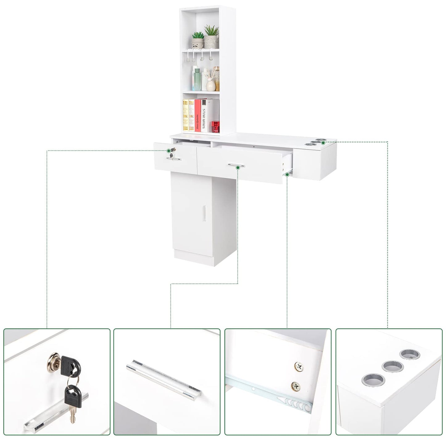 OmySalon Wall Mount Barber Stations, Salon Stations for Hair Stylist, Hair Styling Equipement Set with a Storage Cabinet, 2 Drawers and a 3 Tier Shelf (White)