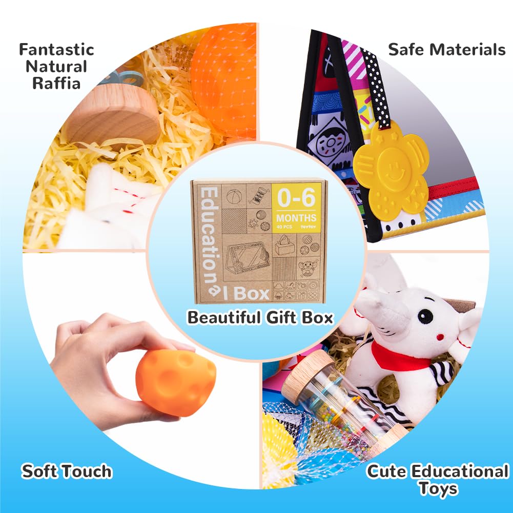 Montessori Toys for Babies 0-6 Months,7 in 1 Newborn Toys Baby Gifts Set Early Learning Toys with Black & White Baby Flashcards,Tummy Time Mirror,Baby Rattle,Sensory Balls,Tissue Box,Rain Stick
