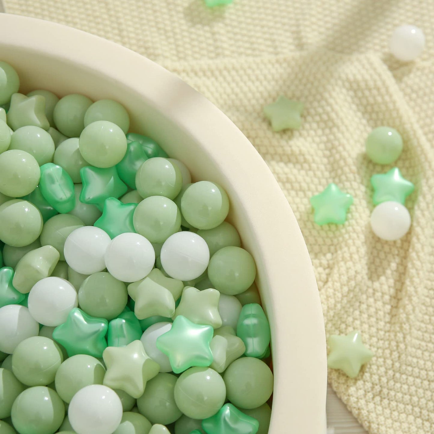 TRENDPLAY Star Ball Pit Balls for Toddlers - 100 Count Star Balls Different Shapes, Non-Toxic Plastic Balls for Boys Girls Festival Party Decoration, Pearl Green+Macaron Green