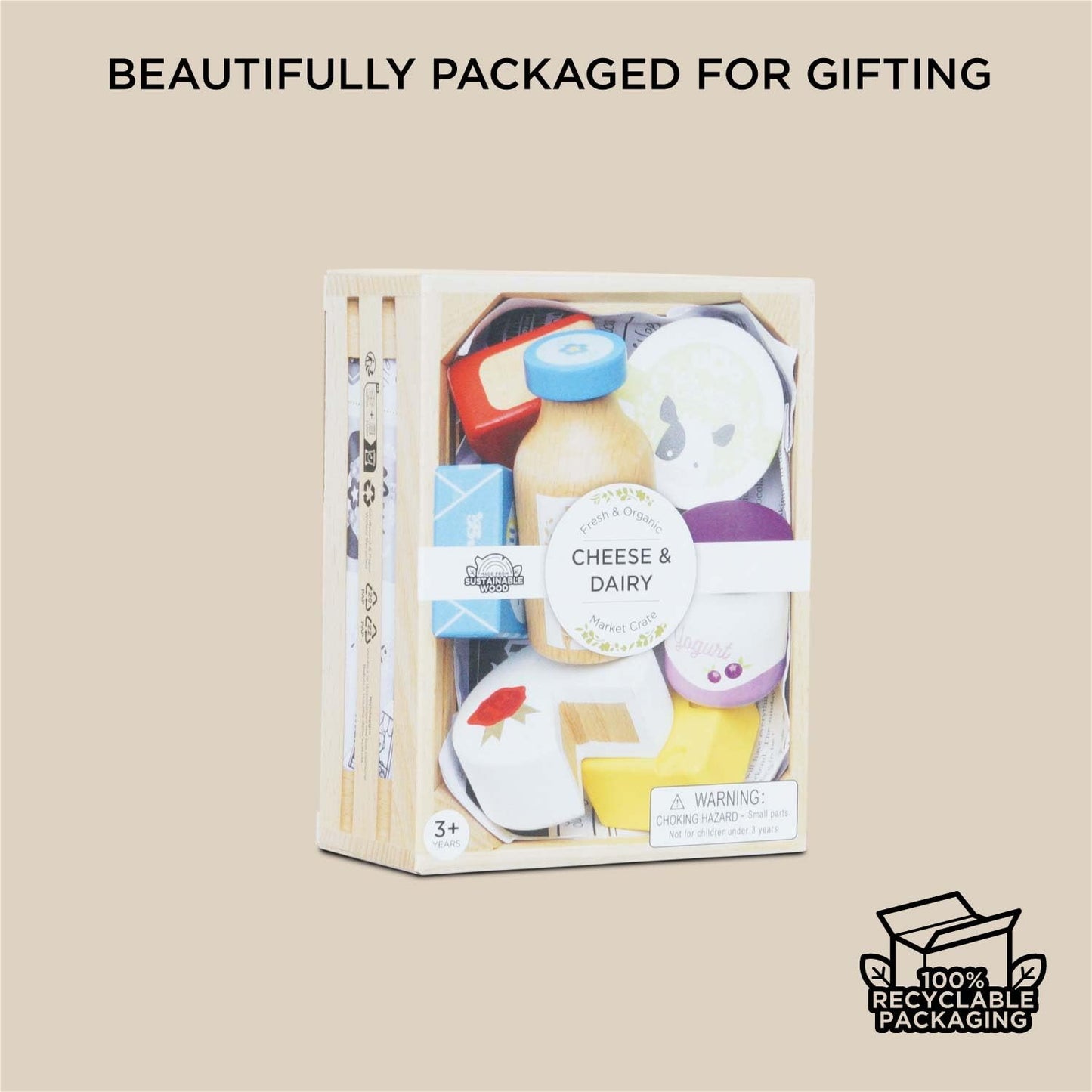Le Toy Van - Wooden Honeybee Market Cheese & Dairy Crate | Wooden Market Stall Food | Supermarket Pretend Play Shop Food (TV185)