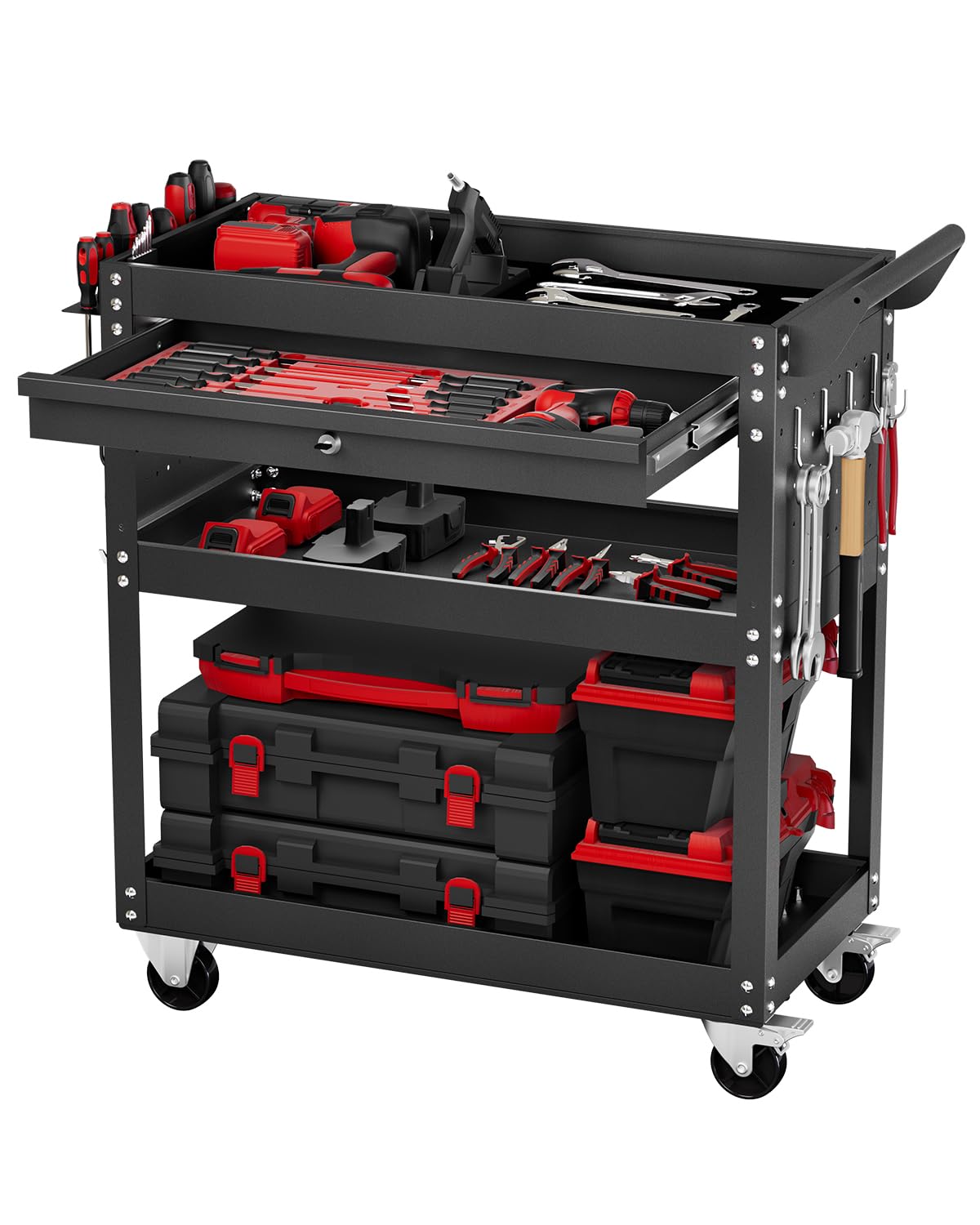 VEVOR 4-Tier Tool Cart with Wheels, 350 lbs Load Capacity, Rolling Work Cart with Drawer & Pegboard, Mechanic Tool Storage Organizer with Locking System for Garage, Warehouse and Repair Shop, Black