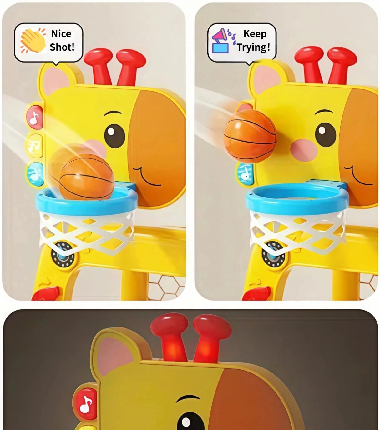 4-IN-1 Toddler Golf Ring Toss Basketball Hoop & Soccer Goal Sport Toys for 1-3 Year Olds, Baby Activity Center with Lights Bilingual Music & Vol Ctrl Gift for Boys Girls(H 24.4"-27.5") (Yellow)