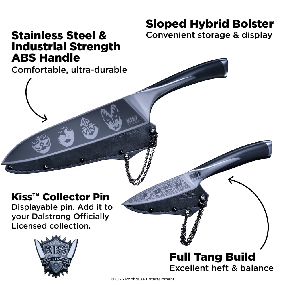 Dalstrong 2 Piece Knife Set - KISS™ Edition Official License - 8 inch Chef Knife + 4 inch Paring Knife - German X50CRMOV15 Stainless Steel - Collector Pin - Premium Leather & Chain Sheaths