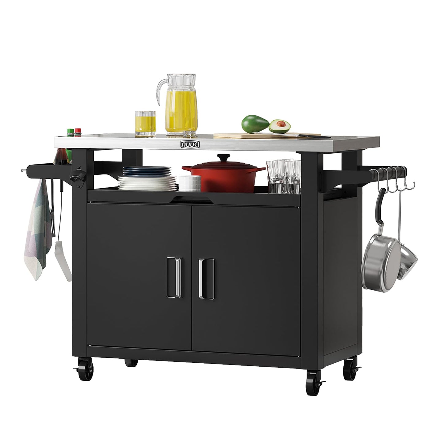 NUUK Outdoor Grill Cart with Storage Cabinet Metal Kitchen Island Prep Table with Movable Universal Wheels and Stainless Steel Top