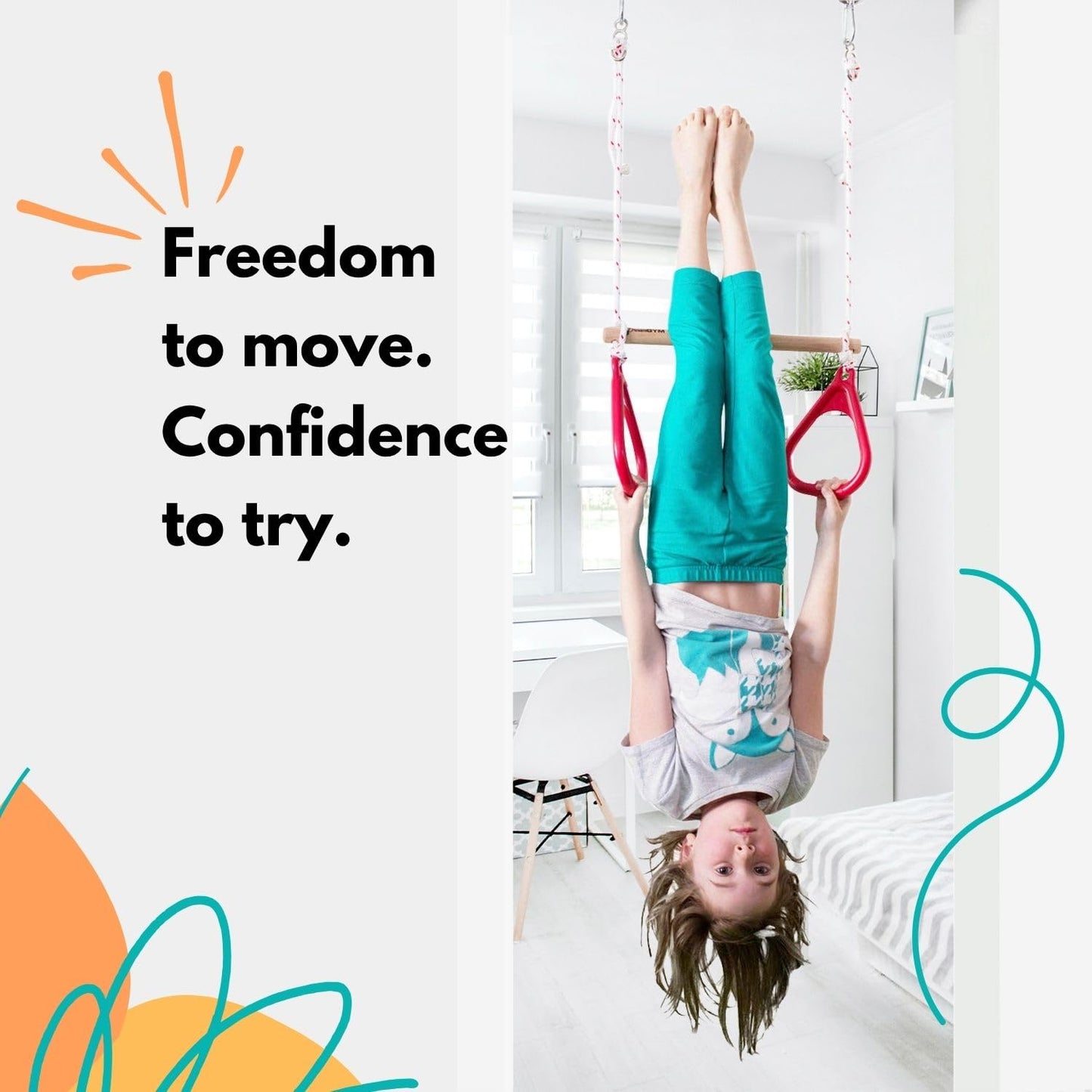 DreamGYM Doorway Swing for Kids Indoor - Trapeze Bar and Gymnastic Rings Combo and Classic Rope Swing for Doorway Gym