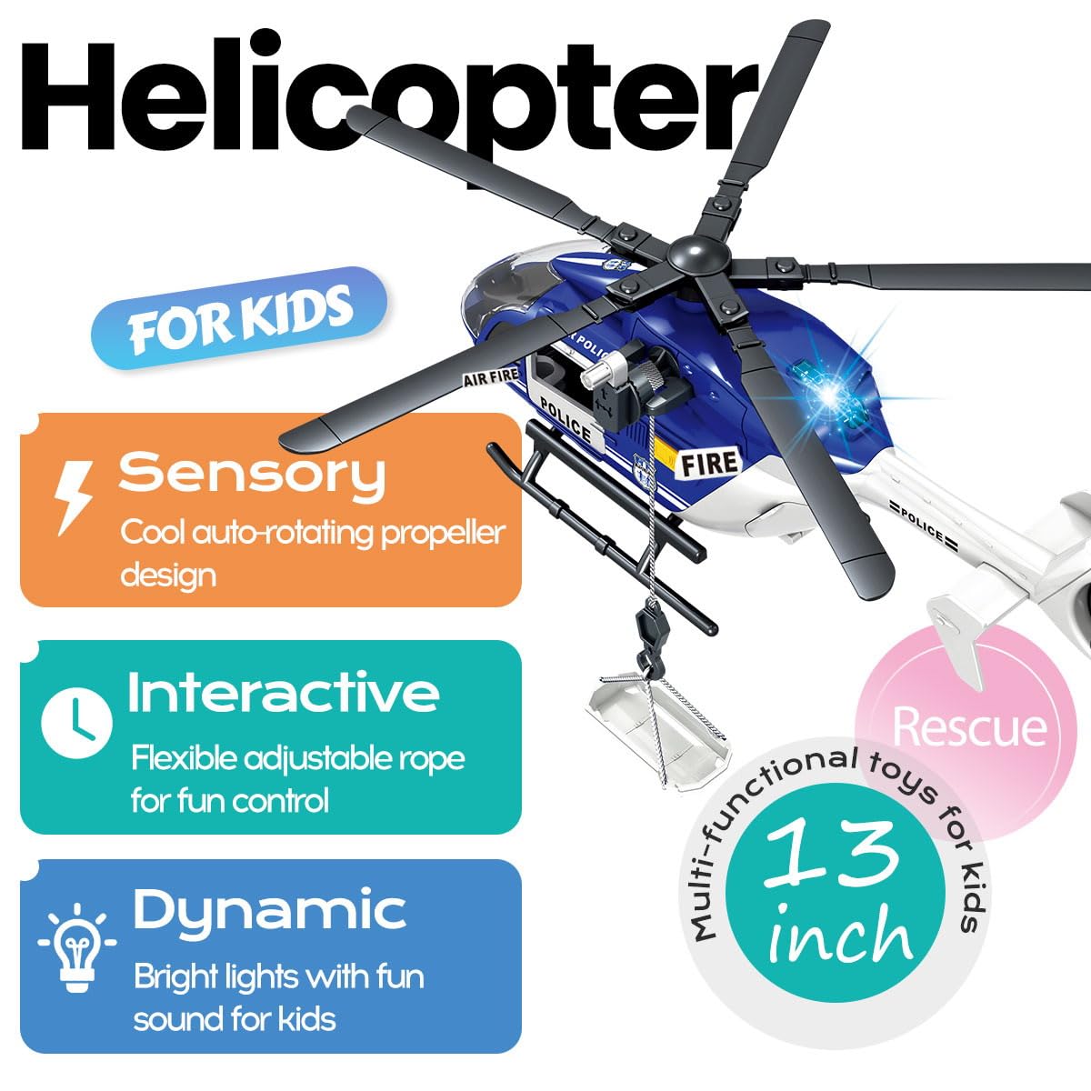 ANJARU Helicopter Toy with Lights and Sound,Simulative Rescue Helicopter Toddler Kids Toys for Kids Aged 3 4 5 6 Pull-Back Propeller Army Toys Toddler Kids Boys Gifts (Police.-Helicopter)