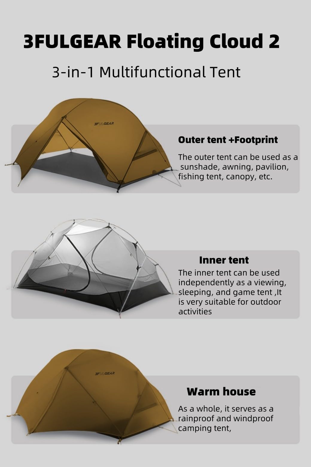 3FULGEAR Backpacking Tent, Floating Cloud 2 Easy Setup 2 Person 3/4 Season Ultralight Tents Waterproof Windproof Double Layer Lightweight Outdoor Tent for Camping, Hiking, Hunting, Survival